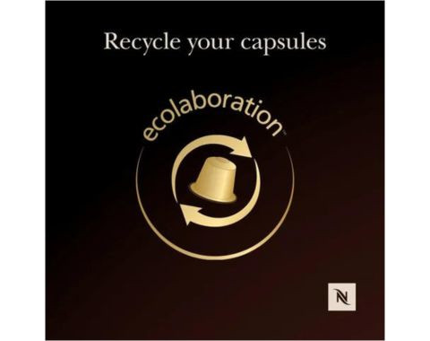 Black background with gold text: Recycle your capsules - ecolaboration. Nespresso capsule recycling initiative.