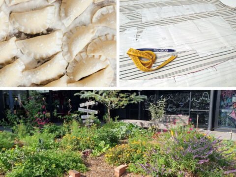 Collage of three images: Top left – uncooked handmade pierogi arranged on a floured surface. Top right – sewing pattern paper with a yellow measuring tape and blue pen. Bottom – a lush community garden with colorful flowers and a wooden signpost outside a building with large windows.