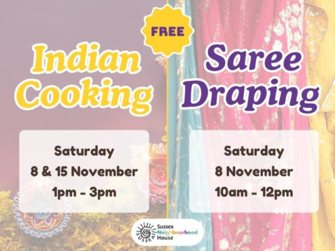 Split flyer promoting two free cultural workshops: Indian Cooking on 8 & 15 November, and Saree Draping on 8 November. Includes bright visuals of Indian sweets and vibrant saris.