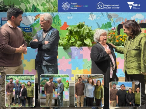 Minister for Energy Lily D'Ambrosio and local MP Anthony Cianflone visit Sussex Neighbourhood House and chat warmly with community members in front of a colourful garden mural. The collage features multiple photos of the visit, with the MPs and local residents standing in front of vibrant planter boxes and a painted puzzle-piece wall symbolising community connection. Logos of Sussex Neighbourhood House, Neighbourhood Houses Victoria, and the Victorian Government are shown across the top.