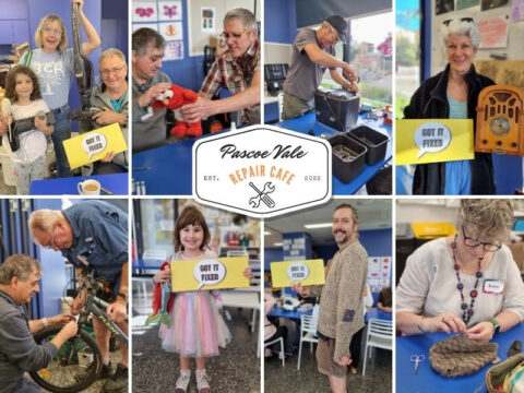 A collage of photos from the Pascoe Vale Repair Cafe, showing community members of all ages having items repaired. Images include volunteers fixing a vacuum cleaner, a beanie, a bicycle, an air fryer, a stuffed toy, and a radio. Smiling participants hold yellow signs that read “Got it fixed.” The central logo reads "Pascoe Vale Repair Cafe, Est. 2022" with crossed tools.