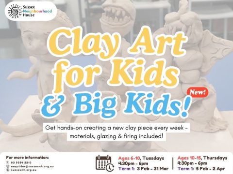 &ldquo;Sussex Neighbourhood House flyer promoting &lsquo;Clay Art for Kids & Big Kids,&rsquo; featuring playful clay sculptures and text highlighting weekly hands-on classes with materials, glazing, and firing included for children aged 6 to 10 and 10 to 15