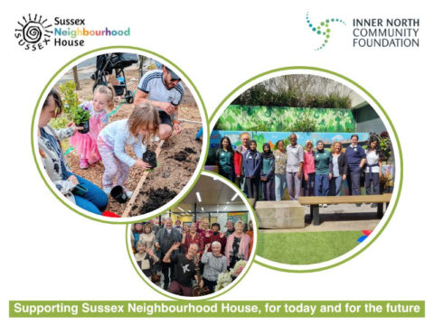 Collage showing Sussex Neighbourhood House community activities, including children gardening with adults, a diverse group of young people standing in front of a mural, and seniors gathered indoors, alongside Sussex Neighbourhood House and Inner North Community Foundation logos