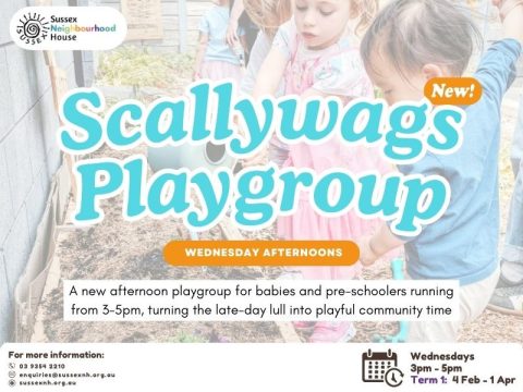 &ldquo;Sussex Neighbourhood House flyer advertising &lsquo;Scallywags Playgroup,&rsquo; showing young children playing outdoors, with text highlighting a new Wednesday afternoon playgroup for babies and pre-schoolers from 3&ndash;5pm