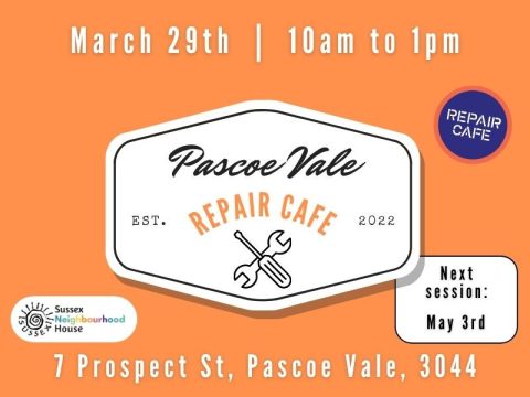 Orange promotional graphic for Pascoe Vale Repair Caf&eacute; showing the Repair Caf&eacute; logo, with event details for March 29th from 10am&ndash;1pm at 7 Prospect Street, Pascoe Vale, and a note that the next session is May 3rd.