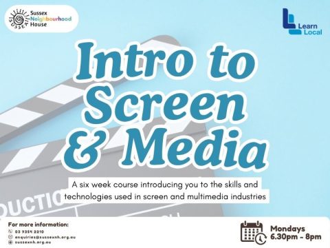 Flyer for &ldquo;Intro to Screen & Media&rdquo; six-week screen and multimedia course, featuring a film clapperboard graphic, course description, and Monday evening session time.