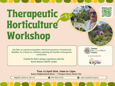 Flyer for a &ldquo;Therapeutic Horticulture Workshop&rdquo; featuring a gardener holding plants, with details of a hands-on session on wellbeing, sensory gardening, and community connection.
