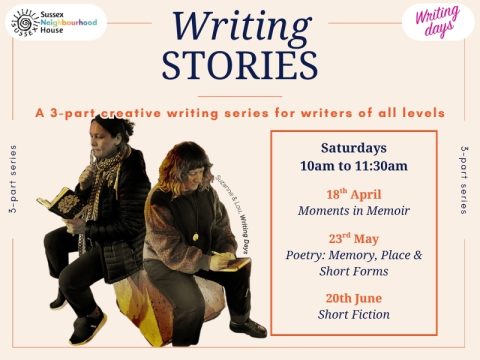 Creative writing workshop flyer titled &ldquo;Writing Stories&rdquo; featuring two people writing, with details of a 3-part Saturday series (April&ndash;June) covering non-fiction, poetry, and short fiction.