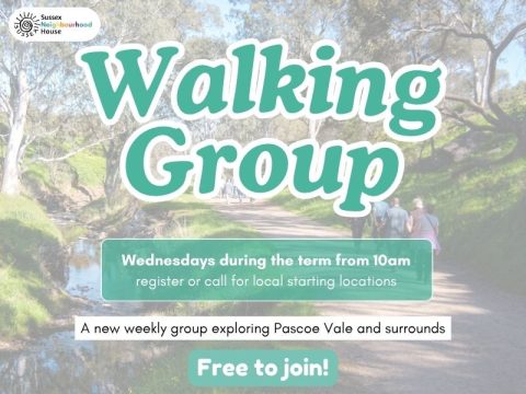 Promotional graphic for Sussex Neighbourhood House&rsquo;s Walking Group featuring a scenic creek walking trail with people walking along a path. Text reads: &ldquo;Walking Group &ndash; Wednesdays during the term from 10am. Register or call for local starting locations. A new weekly group exploring Pascoe Vale and surrounds. Free to join!&rdquo;