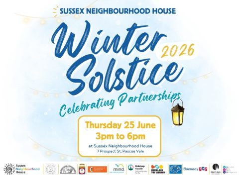 Promotional poster for Sussex Neighbourhood House's Winter Solstice 2026 event, "Celebrating Partnerships", featuring blue and gold winter-themed artwork, a lantern illustration, event details (Thursday 25 June, 3pm&ndash;6pm at 7 Prospect St, Pascoe Vale), and logos of participating community partners.