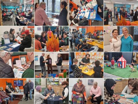 Collage of photos from Sussex Neighbourhood House's Winter Solstice community event, showing people of all ages enjoying craft activities, information stalls, conversations, children's activities, henna art, games, and community connections in a warm, welcoming atmosphere.
