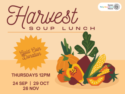 Promotional graphic for the Harvest Soup Lunch featuring illustrated seasonal vegetables. Held Thursdays at 12pm on 24 September, 29 October, and 26 November. Gold coin donation.