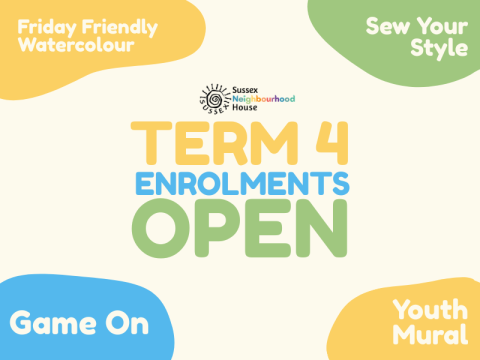 Term 4 Enrolments open, featuring Friday Friendly Watercolour, Sew Your Style, Game On, and Youth Mural